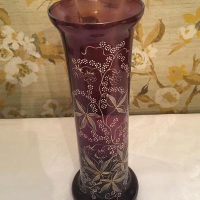 Vintage 7â€ Hand-painted Enameled Bohemian Purple Violet Plum Amethyst Art Glass Vase/Bud Vase.