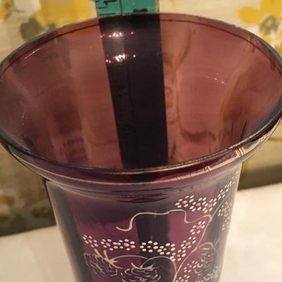 Vintage 7â€ Hand-painted Enameled Bohemian Purple Violet Plum Amethyst Art Glass Vase/Bud Vase.