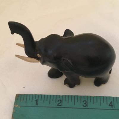 Vintage Carved Black Wood Elephant Trunk Up White Color Tusk Toes Lucky Trunk