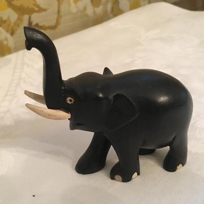 Vintage Carved Black Wood Elephant Trunk Up White Color Tusk Toes Lucky Trunk