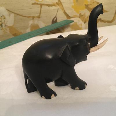 Vintage Carved Black Wood Elephant Trunk Up White Color Tusk Toes Lucky Trunk