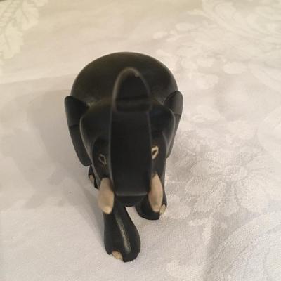 Vintage Carved Black Wood Elephant Trunk Up White Color Tusk Toes Lucky Trunk
