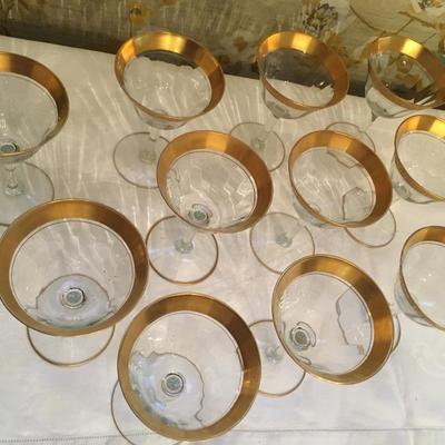 Elegant Tiffin Minton Pattern Champagne Glasses Gold Encrusted Rim