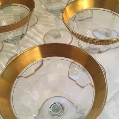 Elegant Tiffin Minton Pattern Champagne Glasses Gold Encrusted Rim