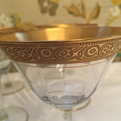 Elegant Tiffin Minton Pattern Champagne Glasses Gold Encrusted Rim