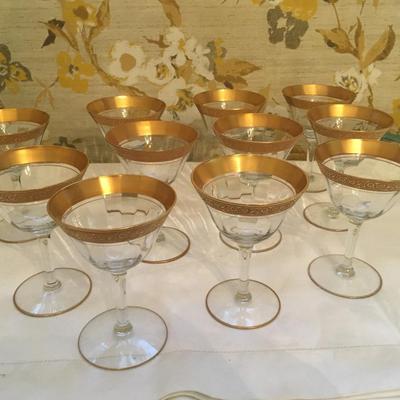 Elegant Tiffin Minton Pattern Champagne Glasses Gold Encrusted Rim