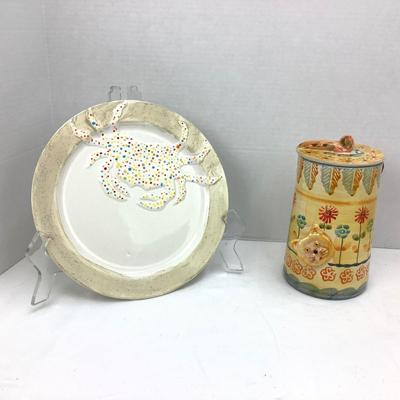 942 Italian Cat Pottery Covered Canister & Crab Plate