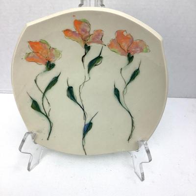 949 Artisan Made Floral Iris Pottery Plate Wall Plaque Art
