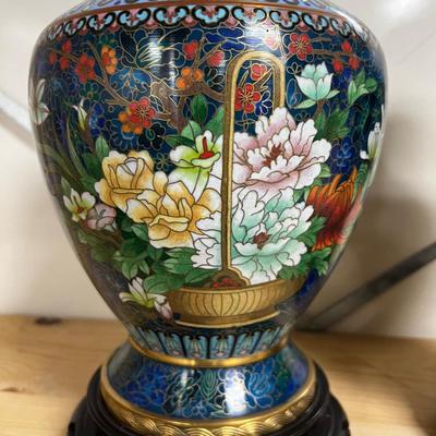 Vintage Beautiful Chinese Cloisonne Vases w/Rosewood Stand