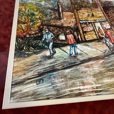 Framed Watercolor By Lyn Street Scene in the Fall