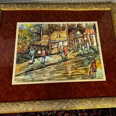 Framed Watercolor By Lyn Street Scene in the Fall
