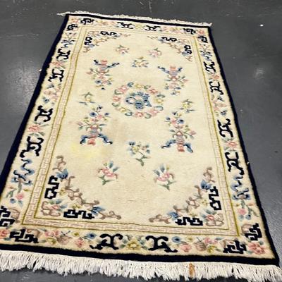 Chinese Raw Silk Rug Navy Blue and Off  White