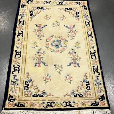 Chinese Raw Silk Rug Navy Blue and Off  White