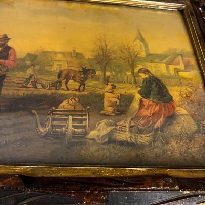 Antique Print in Frame Farm Scene
