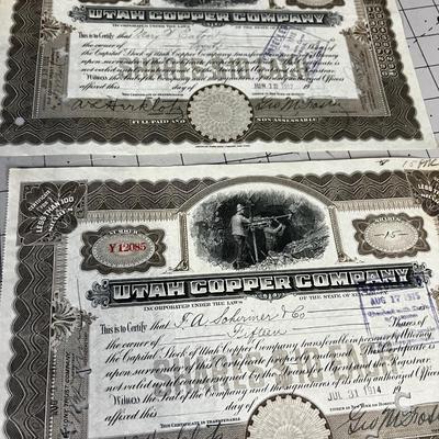 5 Antique Utah Copper Company 1915 and 1921 Stock Certificates