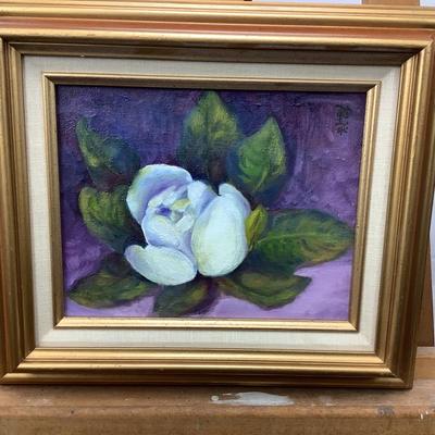 983 Original Acrylic Signed White Lotus Painting by Betty Huang