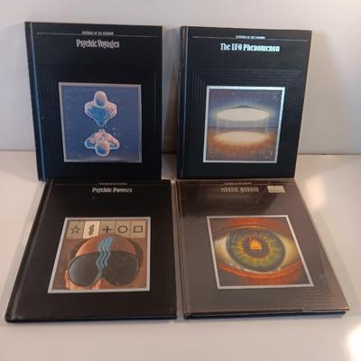 Four Mysteries of the Unknown hardback books The UFO Phenomenon, Psychic Voyages, Psychic powers, and Mystic Quests