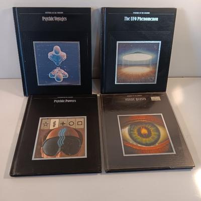 Four Mysteries of the Unknown hardback books The UFO Phenomenon, Psychic Voyages, Psychic powers, and Mystic Quests