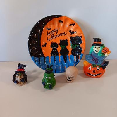 Halloween Decorations Vintage plastic dish, witch on a pumpkin candle and more