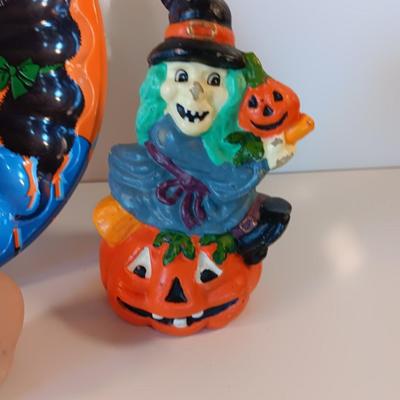 Halloween Decorations Vintage plastic dish, witch on a pumpkin candle and more