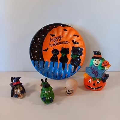 Halloween Decorations Vintage plastic dish, witch on a pumpkin candle and more