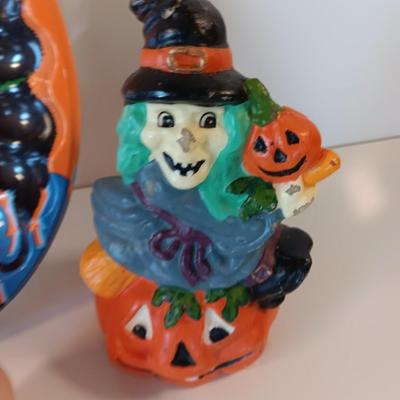 Halloween Decorations Vintage plastic dish, witch on a pumpkin candle and more