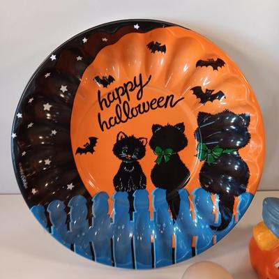 Halloween Decorations Vintage plastic dish, witch on a pumpkin candle and more