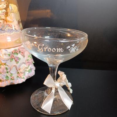 BRIDE AND GROOM stemmed glassware with musical angel bell Plays Our Love