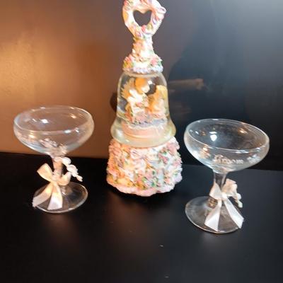 BRIDE AND GROOM stemmed glassware with musical angel bell Plays Our Love