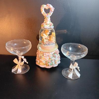 BRIDE AND GROOM stemmed glassware with musical angel bell Plays Our Love