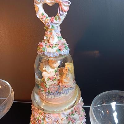 BRIDE AND GROOM stemmed glassware with musical angel bell Plays Our Love