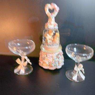 BRIDE AND GROOM stemmed glassware with musical angel bell Plays Our Love