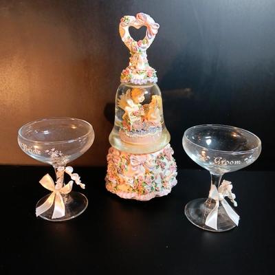 BRIDE AND GROOM stemmed glassware with musical angel bell Plays Our Love