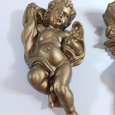 TWO cherub Angelic Face Gold Gilded Wings Wall Hanging Decor Sculptures