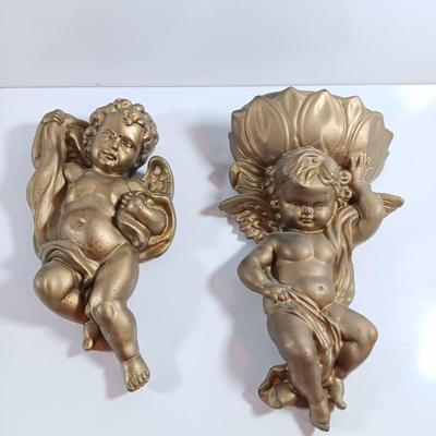 TWO cherub Angelic Face Gold Gilded Wings Wall Hanging Decor Sculptures