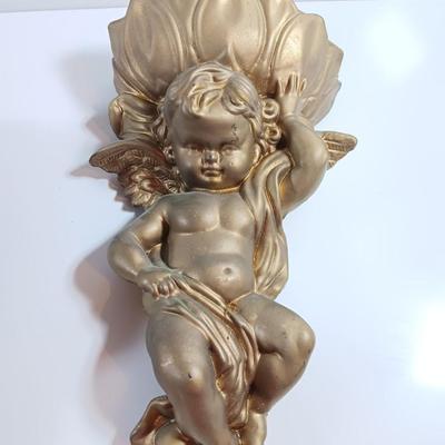 TWO cherub Angelic Face Gold Gilded Wings Wall Hanging Decor Sculptures