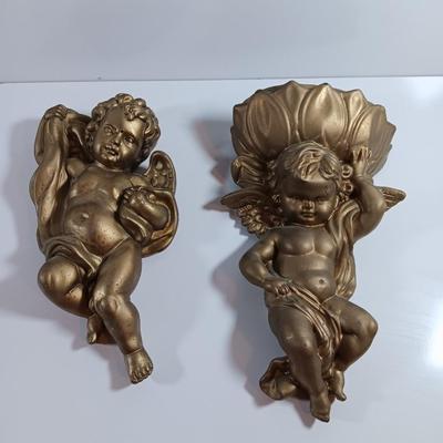TWO cherub Angelic Face Gold Gilded Wings Wall Hanging Decor Sculptures