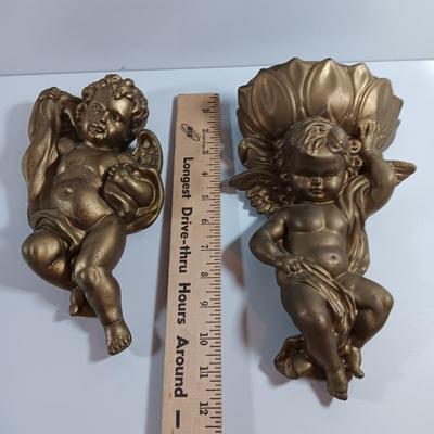 TWO cherub Angelic Face Gold Gilded Wings Wall Hanging Decor Sculptures