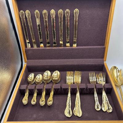Vintage Gold Tone Plate Stainless Flatware Set for 8 with Serving Pieces and Wood Storage Box
