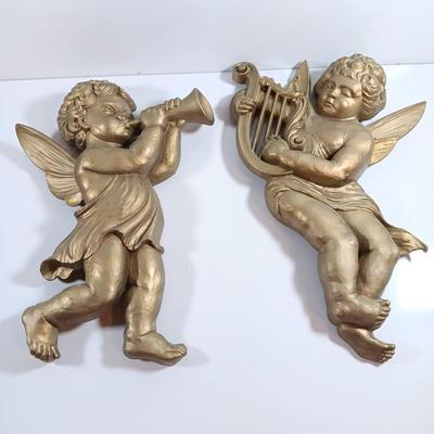 TWO MCM cherub Angelic Face Gold Gilded Wings Wall Hanging Decor Sculptures Harp and Trombone