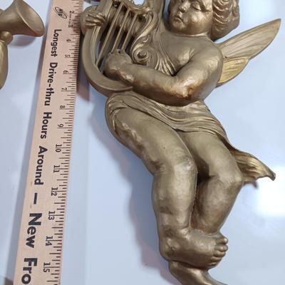 TWO MCM cherub Angelic Face Gold Gilded Wings Wall Hanging Decor Sculptures Harp and Trombone