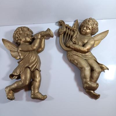 TWO MCM cherub Angelic Face Gold Gilded Wings Wall Hanging Decor Sculptures Harp and Trombone