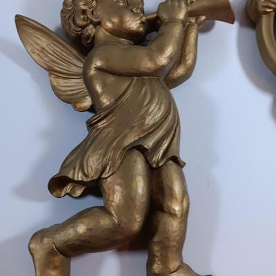 TWO MCM cherub Angelic Face Gold Gilded Wings Wall Hanging Decor Sculptures Harp and Trombone