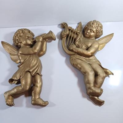 TWO MCM cherub Angelic Face Gold Gilded Wings Wall Hanging Decor Sculptures Harp and Trombone