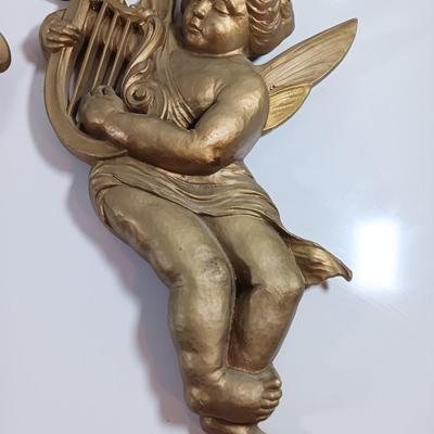 TWO MCM cherub Angelic Face Gold Gilded Wings Wall Hanging Decor Sculptures Harp and Trombone