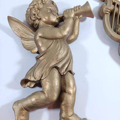 TWO MCM cherub Angelic Face Gold Gilded Wings Wall Hanging Decor Sculptures Harp and Trombone