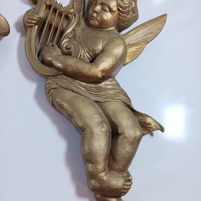 TWO MCM cherub Angelic Face Gold Gilded Wings Wall Hanging Decor Sculptures Harp and Trombone