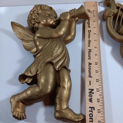 TWO MCM cherub Angelic Face Gold Gilded Wings Wall Hanging Decor Sculptures Harp and Trombone