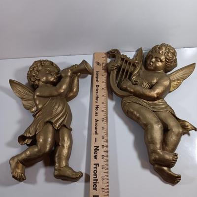 TWO MCM cherub Angelic Face Gold Gilded Wings Wall Hanging Decor Sculptures Harp and Trombone