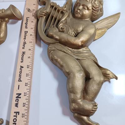 TWO MCM cherub Angelic Face Gold Gilded Wings Wall Hanging Decor Sculptures Harp and Trombone